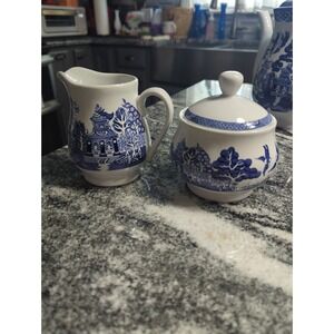 Vintage Royal Cuthbertson Blue Willow Sugar Bowl w/ Lid & Creamer Set